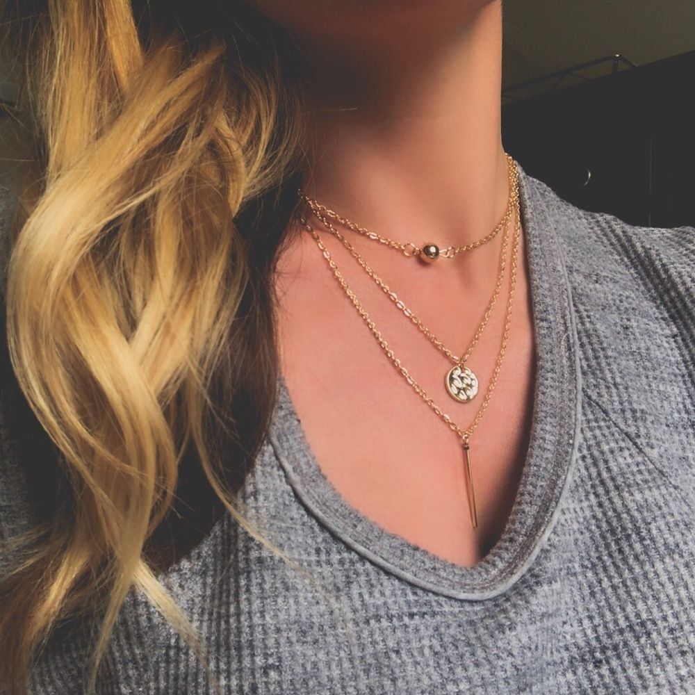 Gold Layer Necklace 18K Bar Minimalist Jewelry Spring Summer Women Statement NEW